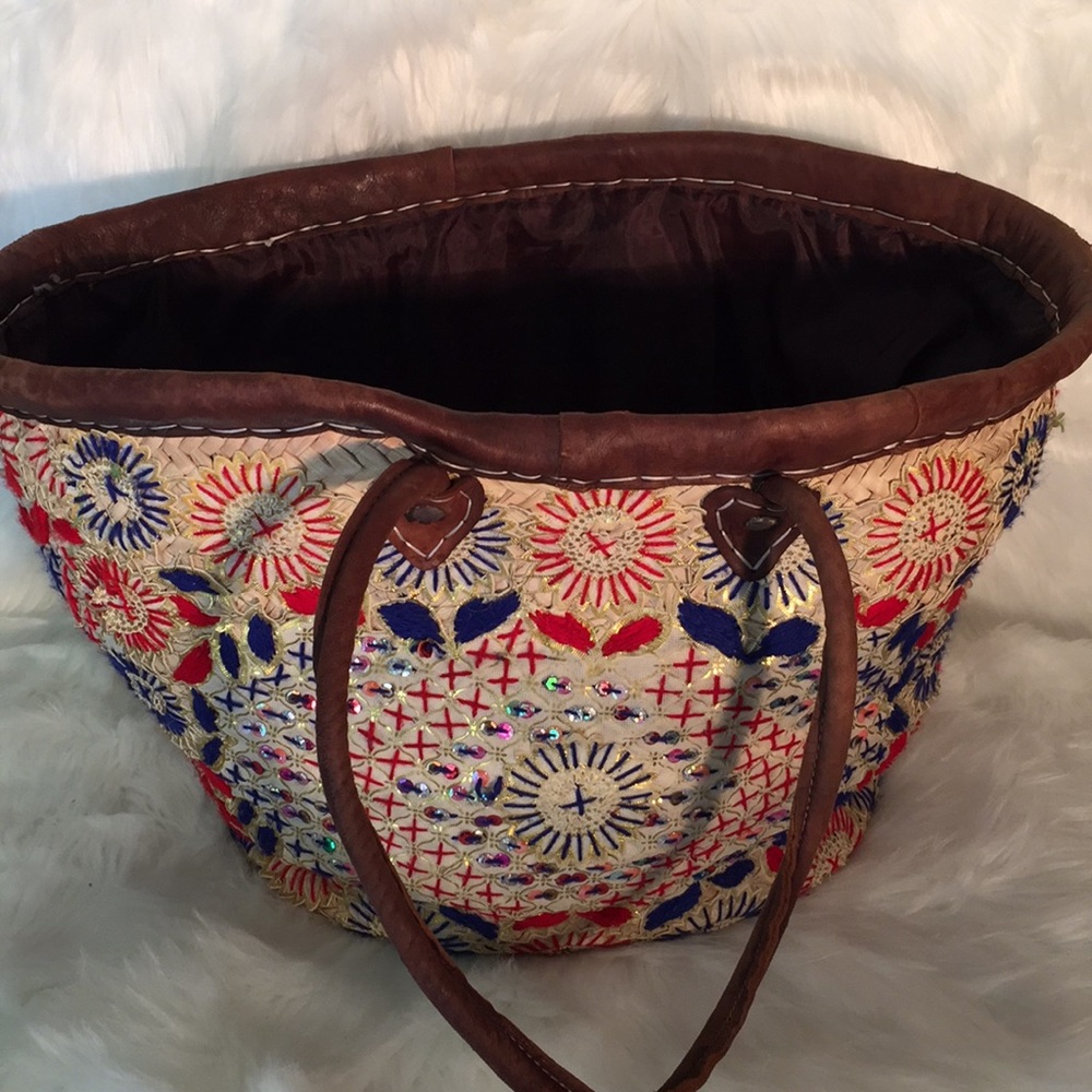Moroccan Woven Tote Bag with Leather Handles